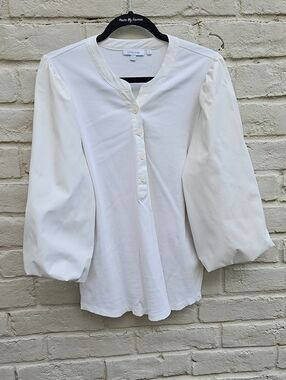 Chico's White Puff-Sleeve Button Front Top